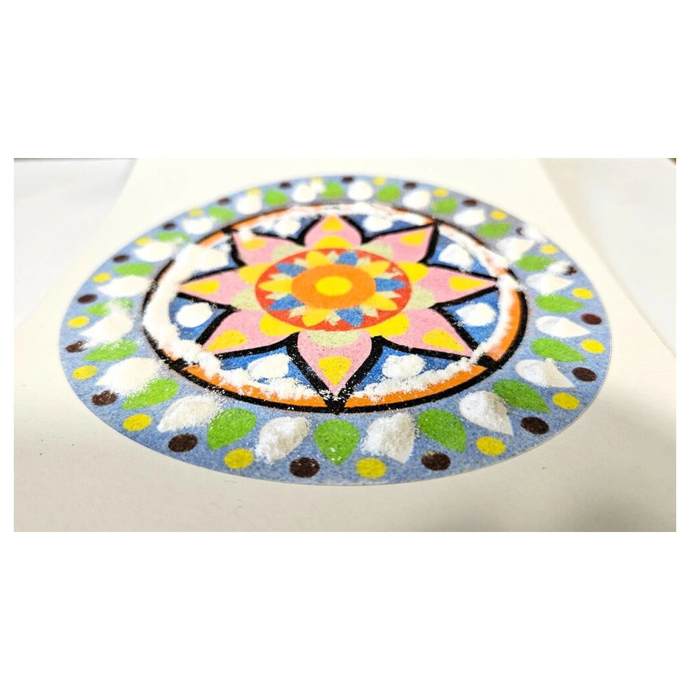 Sand Art Mandala features a vibrant, intricate circular pattern with geometric and organic shapes on a white surface.