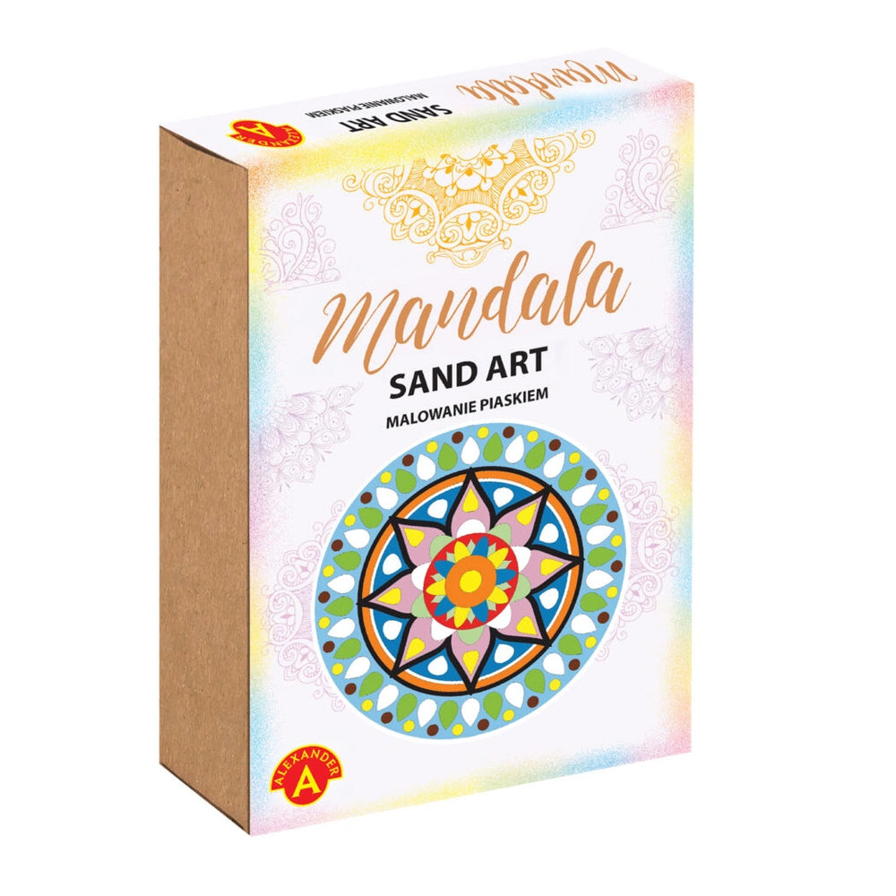 Alexander Sand Art Mandala 2 box features a vibrant, colorful design with a symmetrical star-like motif on eco-friendly cardb