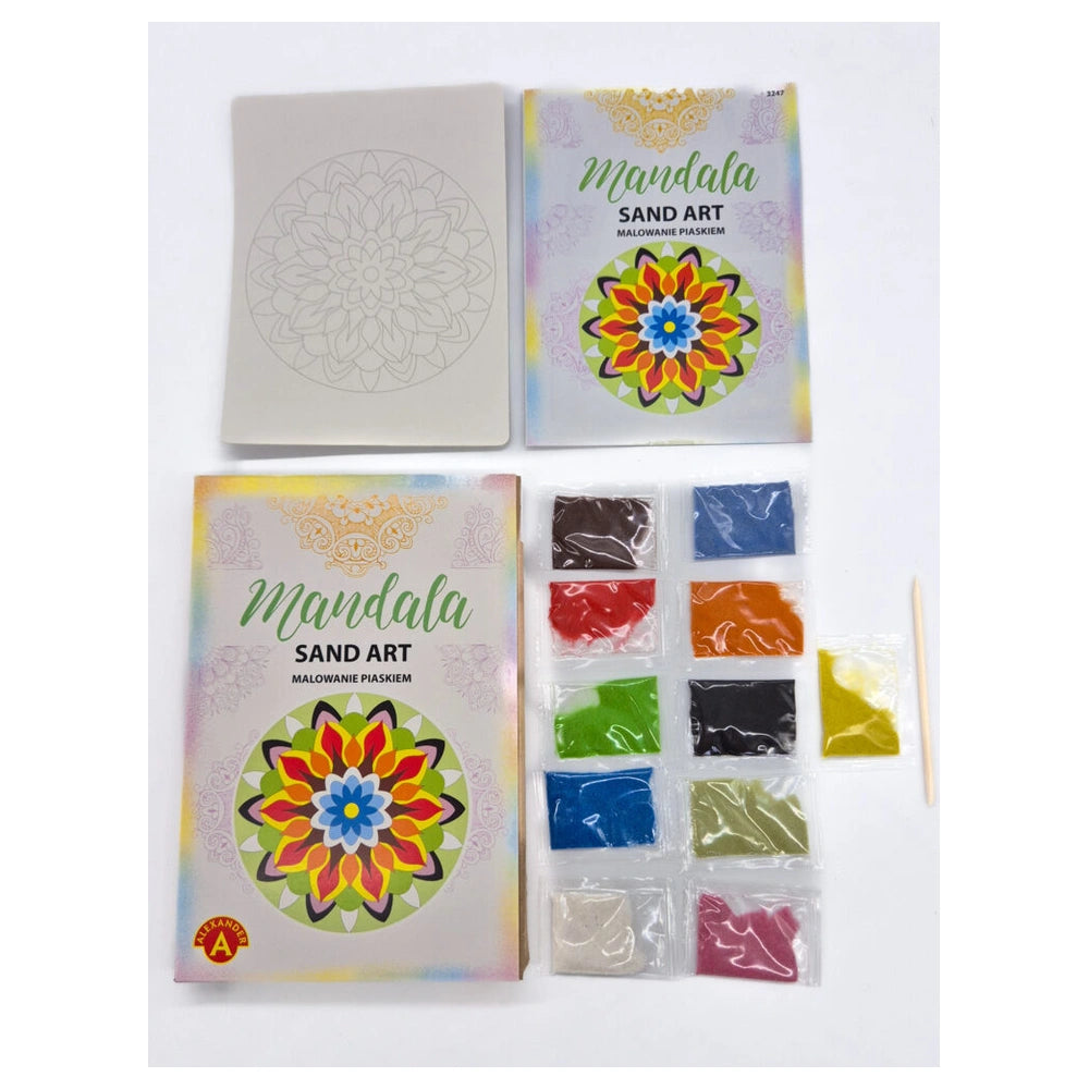 Alexander Sand Art Mandala kit displayed with colorful books and various sand colors on a white surface.