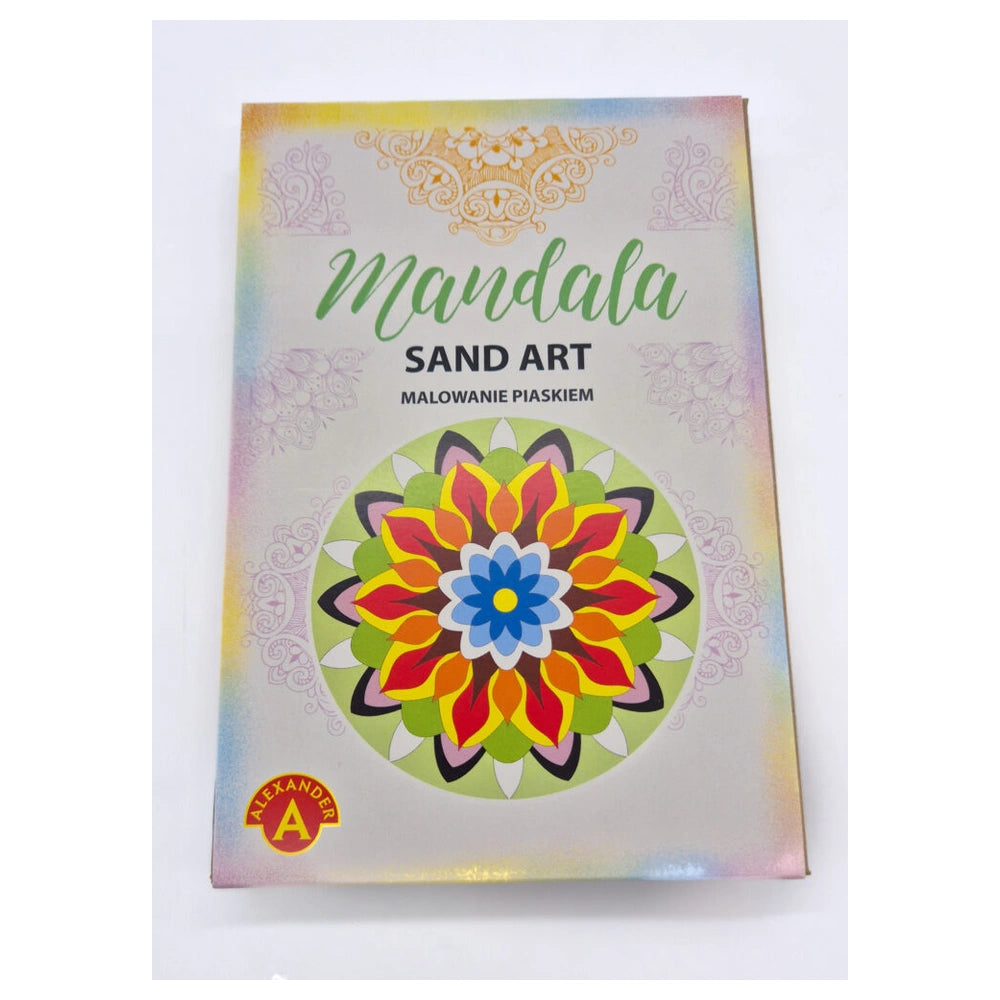 Alexander Sand Art Mandala book features a vibrant, symmetrical flower design on a glossy, colorful cover.