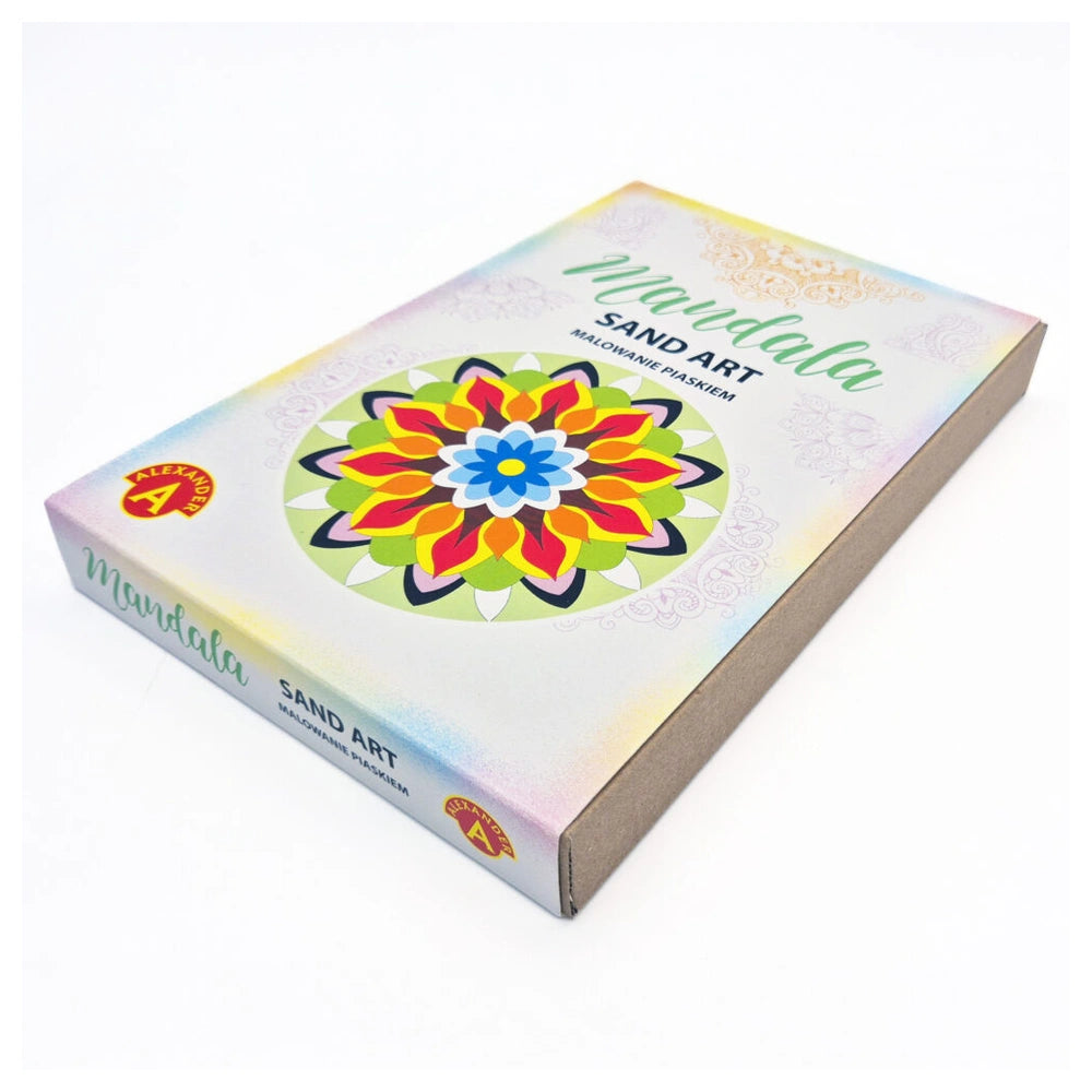 Alexander Arts & Crafts Sand Art Mandala book features a vibrant, textured cover with a colorful flower motif and decorative 