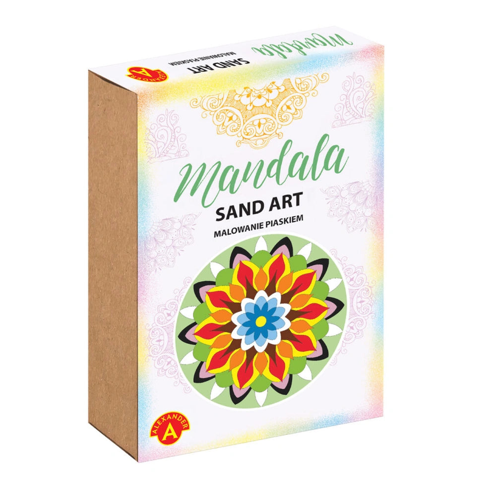 Alexander Sand Art Mandala box features a vibrant floral design with warm and cool colors, promoting eco-friendly creativity 