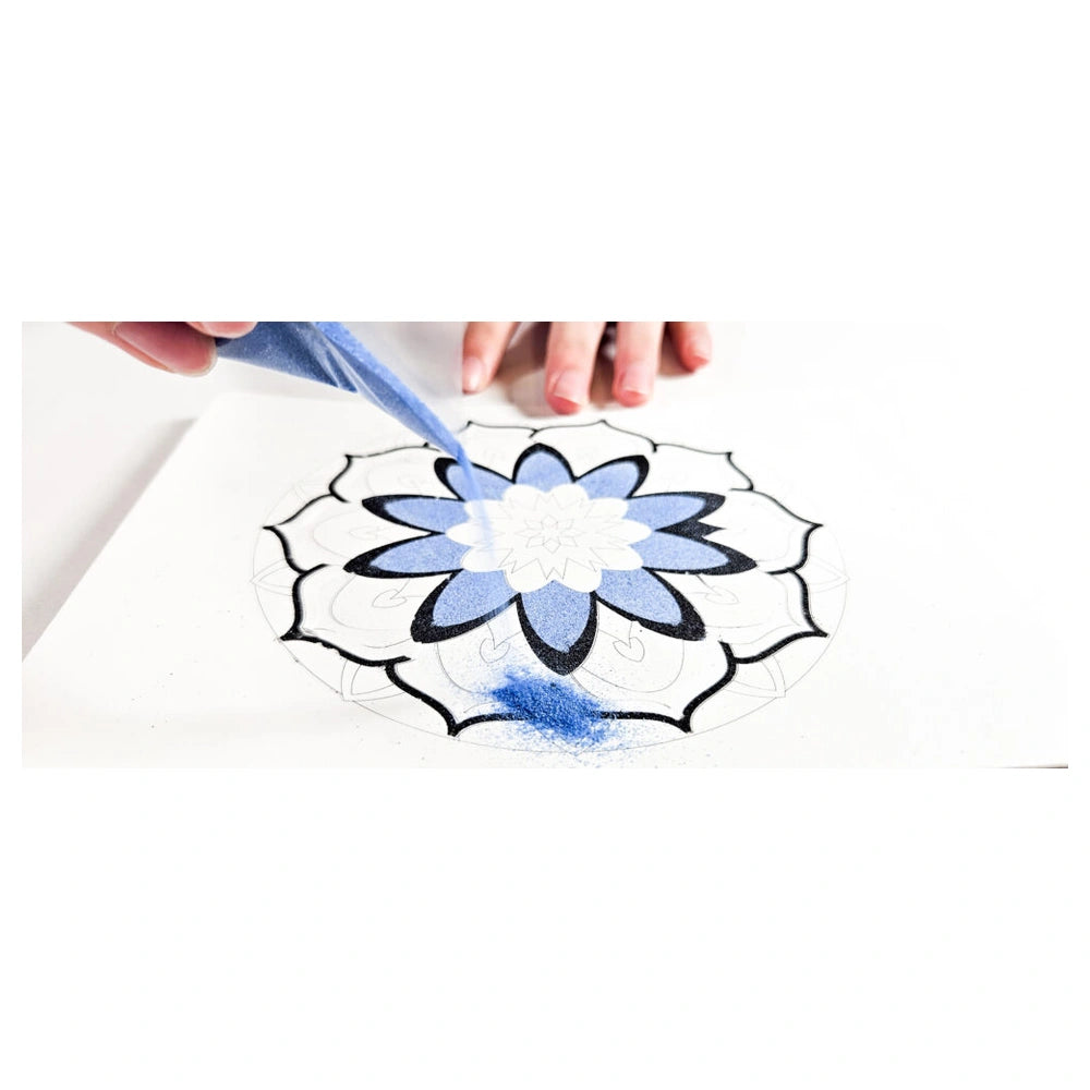 Blue paintbrush held by a person's hand applying paint to a white canvas surface.