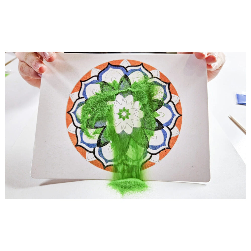 Sand Art Mandala features a colorful, symmetrical design held by hands, showcasing vibrant shades of green, blue, and orange.