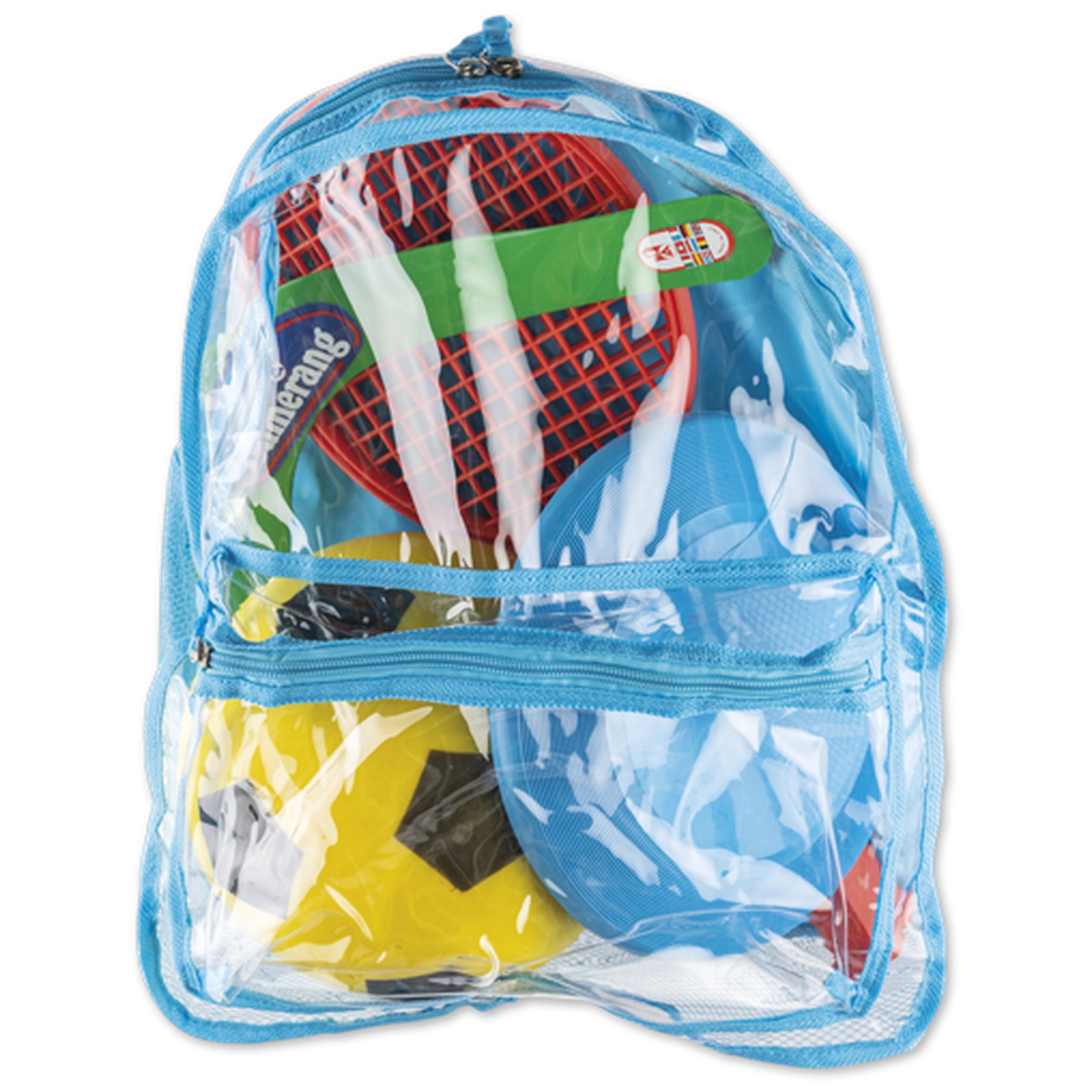 Transparent blue backpack with red tennis rackets, yellow ball, and blue frisbee for beach sports.
