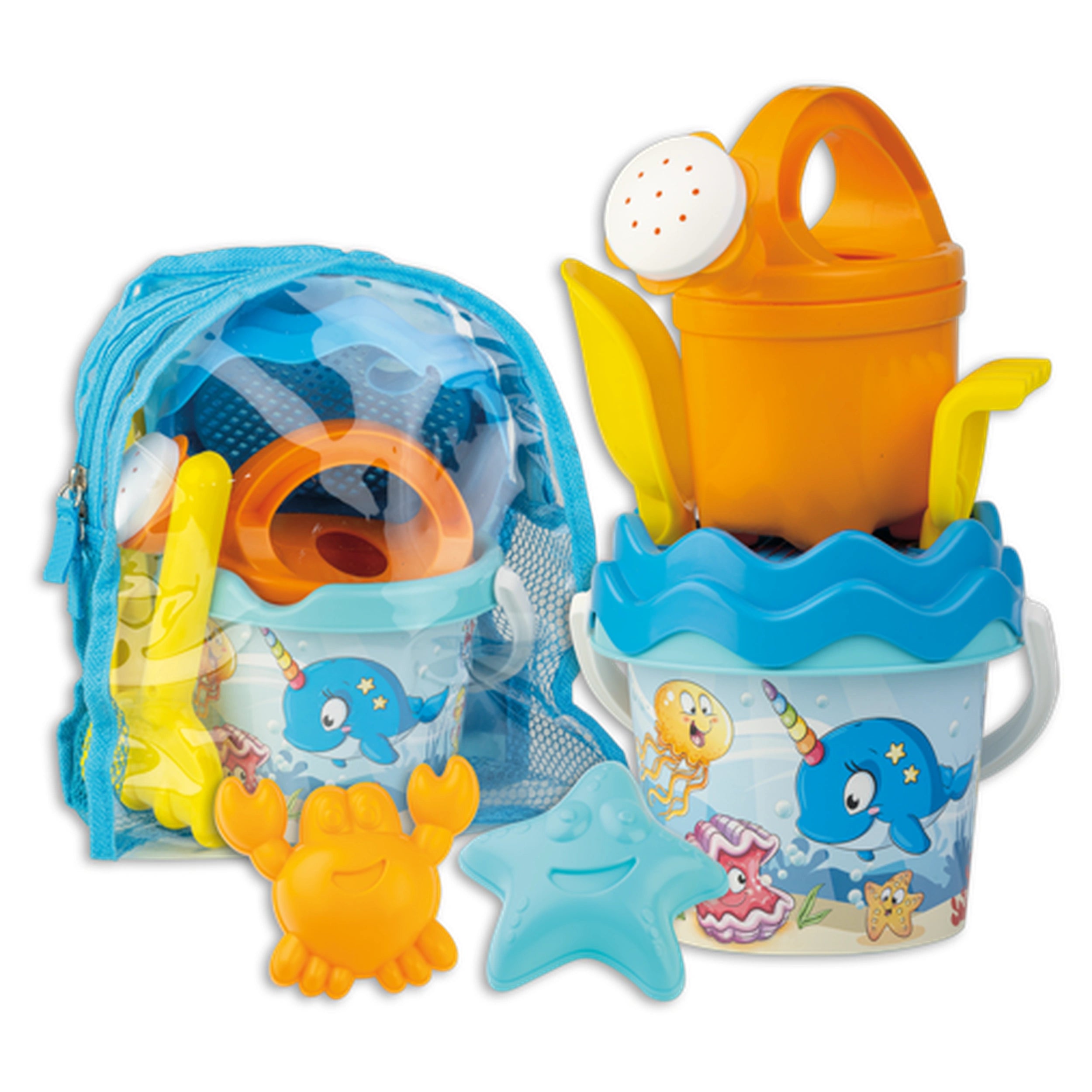 Androni Baby Happy Fish sand play set with orange watering can, bucket, and toys, in a blue backpack.