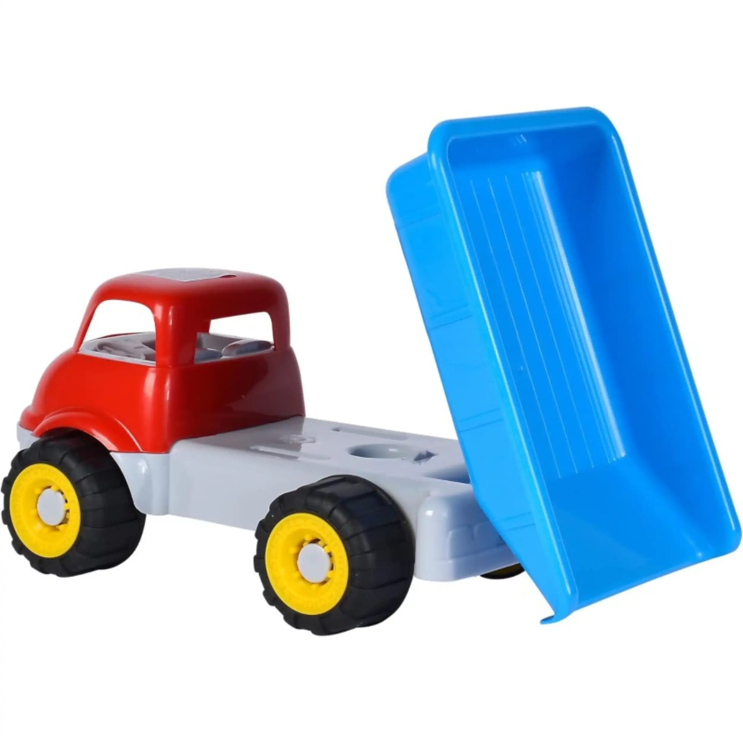 Red and gray plastic toy truck with a blue tipping bed and yellow wheels.