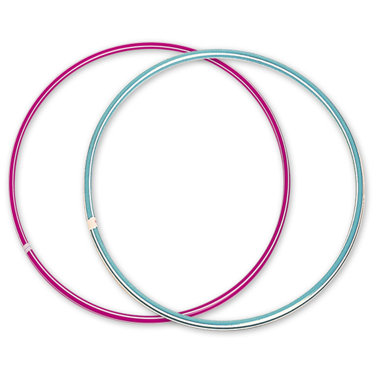 Colorful Androni Hula Hoops, one pink and one blue, overlapping each other, designed for fitness and fun activities.