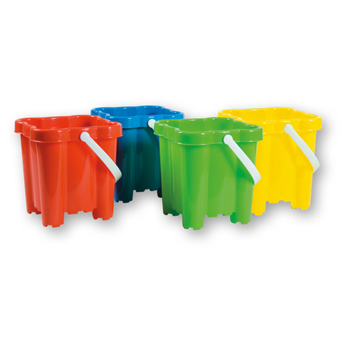 Four square-shaped beach buckets in red, blue, green, and yellow, with white handles, arranged in a row.
