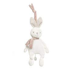 Soft beige rabbit plush carillon with long ears and gentle scarf, perfect for soothing infants and enhancing nursery decor.