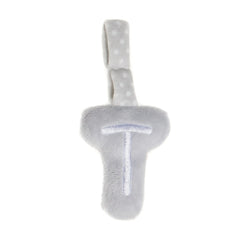 Gray plush letter T with hanging loop and white polka dots, ideal for baby activities and personalized decor.