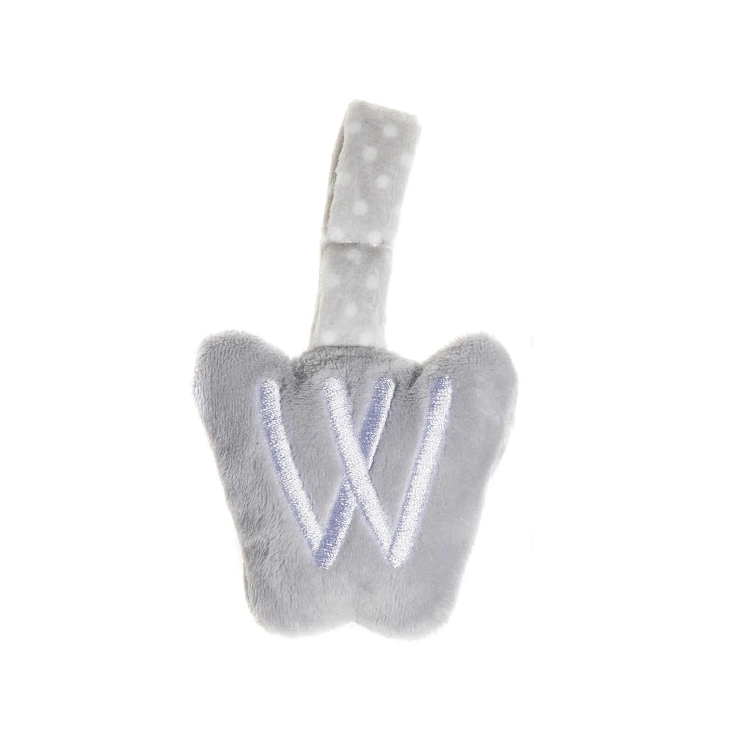 Grey plush letter "W" with polka dot strap, designed for baby activities and personalized play.