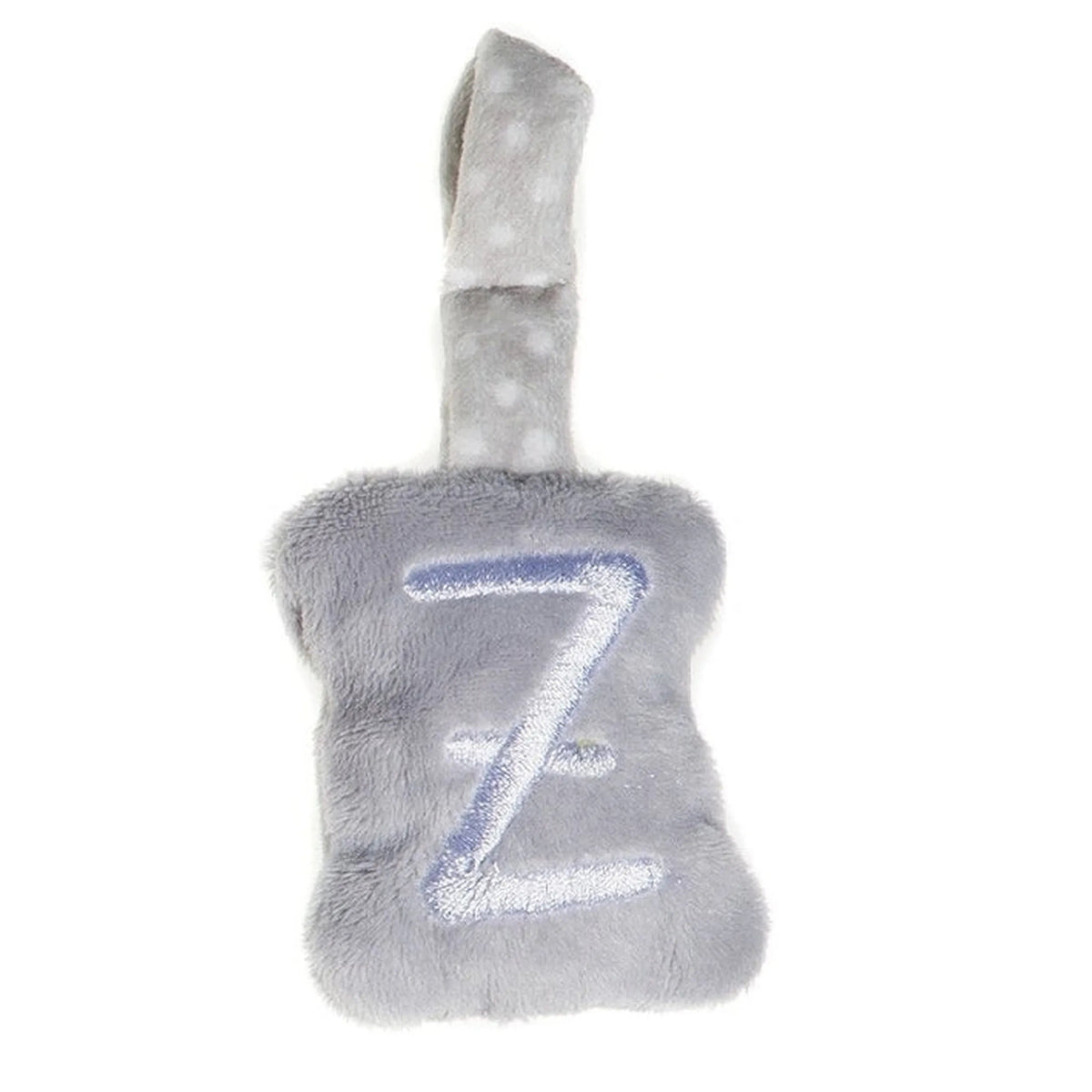 Gray plush letter "Z" with a soft texture and hanging loop, ideal for nursery decor and learning activities.