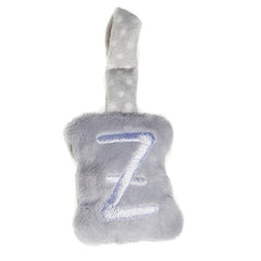 Gray plush letter "Z" with a soft texture and hanging loop, ideal for nursery decor and learning activities.
