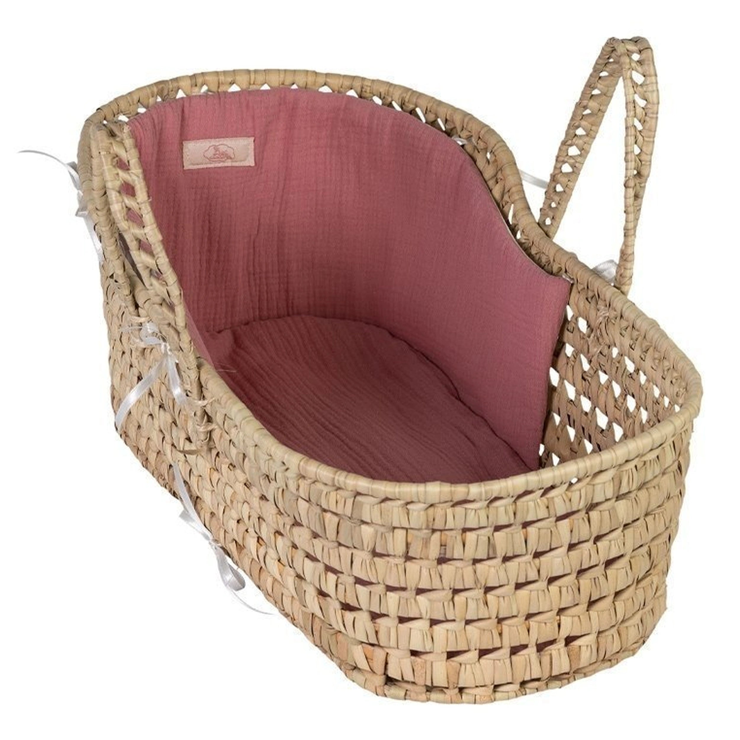 Palm leaf carrycot with pink muslin lining, woven design, and cozy interior, perfect for dolls 36-46 cm.