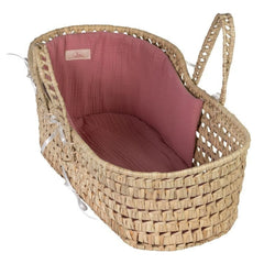 Palm leaf carrycot with pink muslin lining, woven design, and cozy interior, perfect for dolls 36-46 cm.