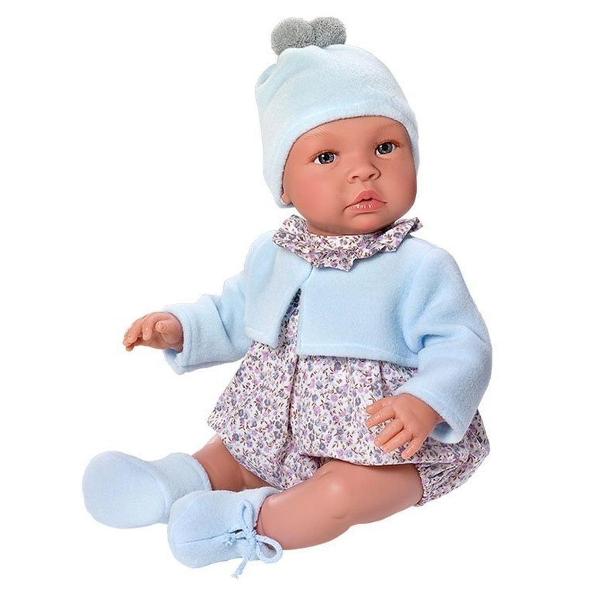 Asi Dolls Leo in grey floral romper, light blue jacket, matching hat and booties, sitting, 46 cm tall.