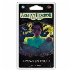 Card game pack for 'Arkham Horror' with a character holding a book on a white background