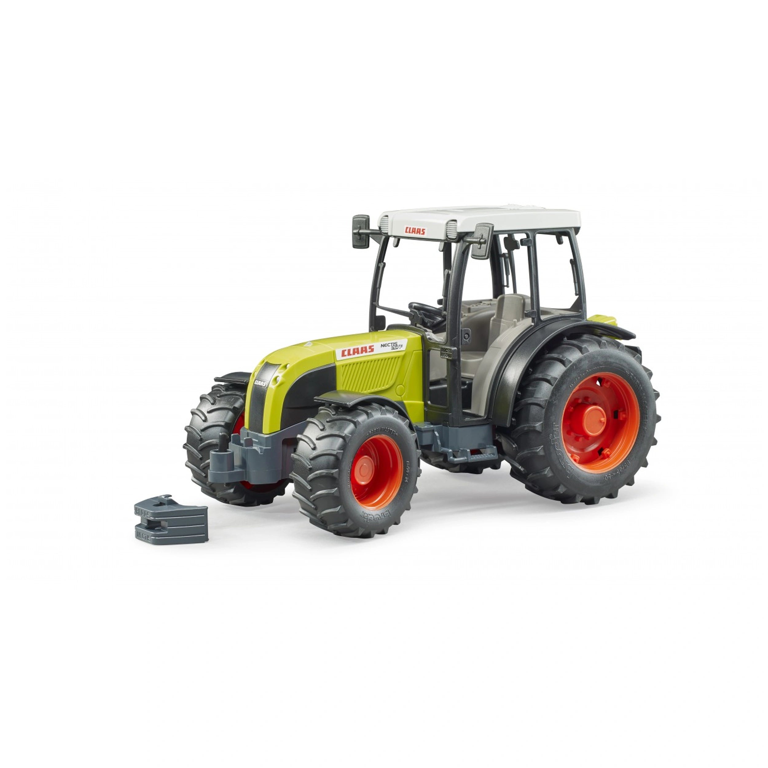 Green Claas Nectis 267 F toy tractor by Bruder, equipped with large red wheels and a detachable front loader.