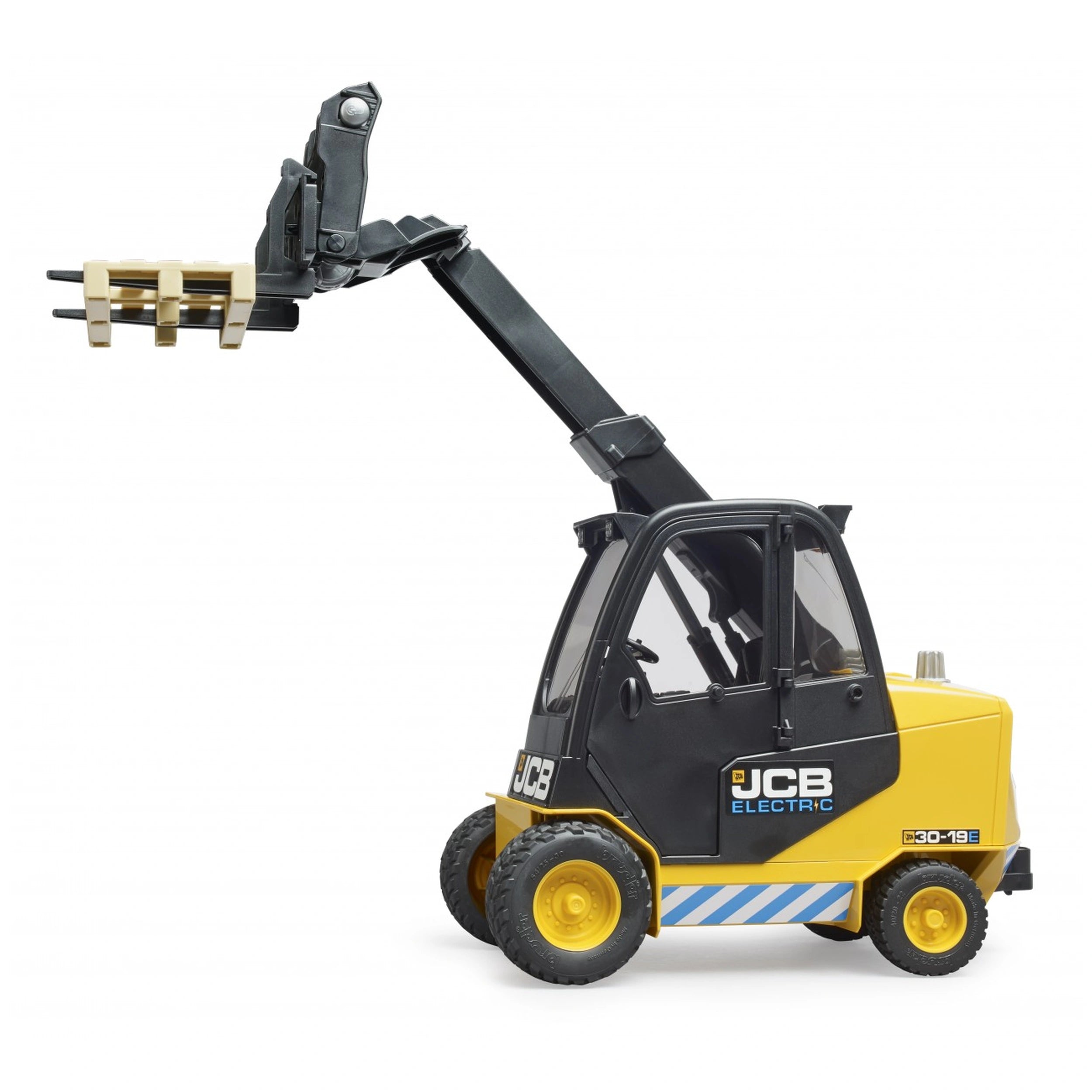 Yellow and black JCB teletruck toy with adjustable telescopic arm and pallet attachment.
