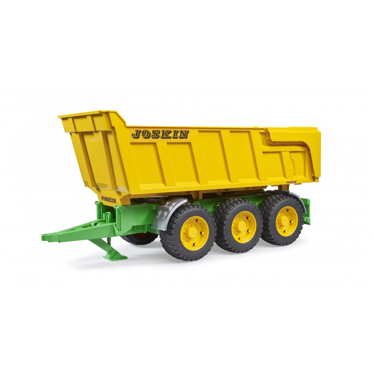 Yellow and green Bruder Joskin tipping trailer with three black wheels on a white background.