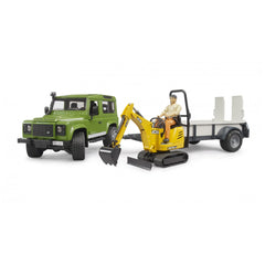 Green Land Rover Defender with trailer and yellow JCB excavator featuring a construction worker figure.