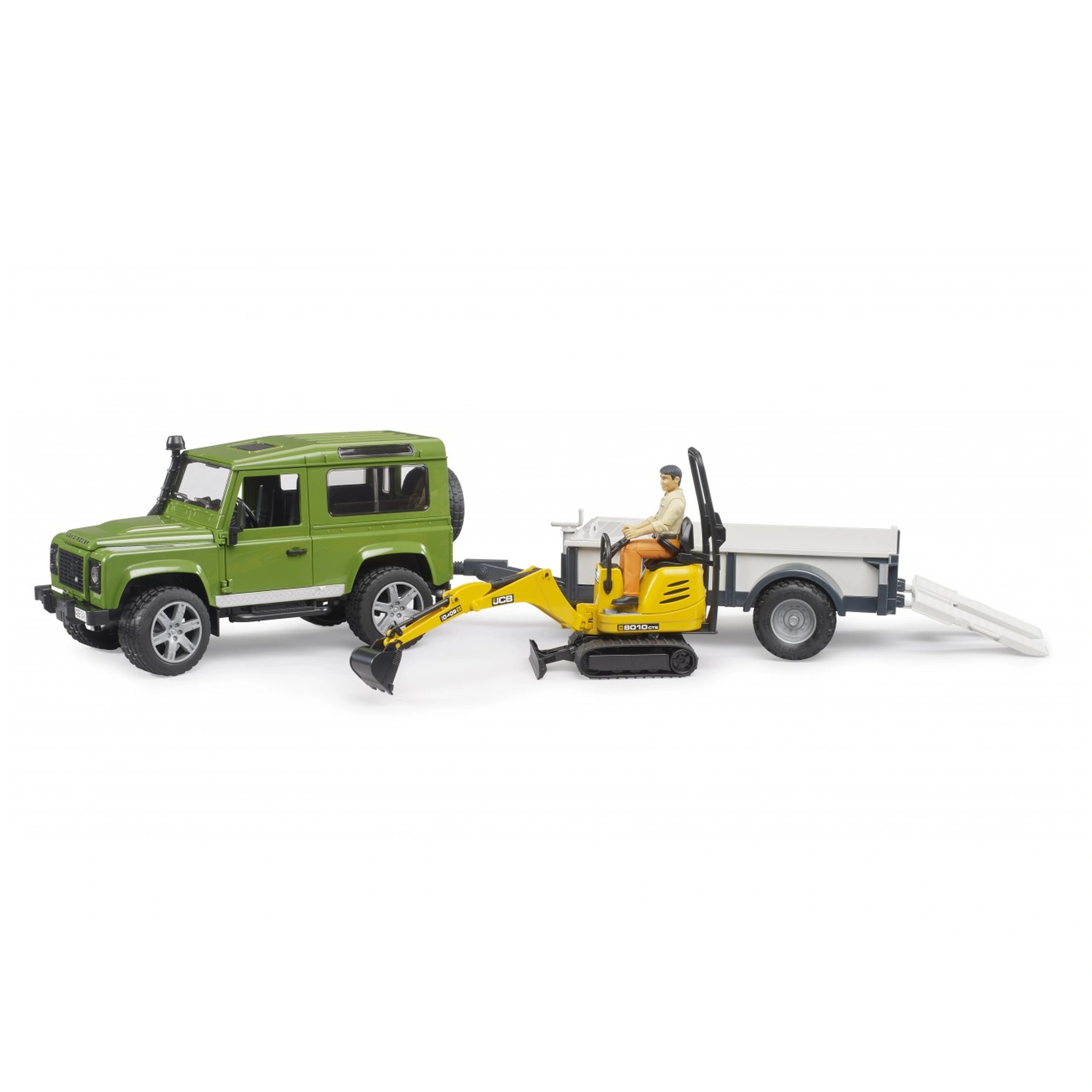 Green Land Rover Defender with white trailer, JCB excavator, and construction worker figure in play set.