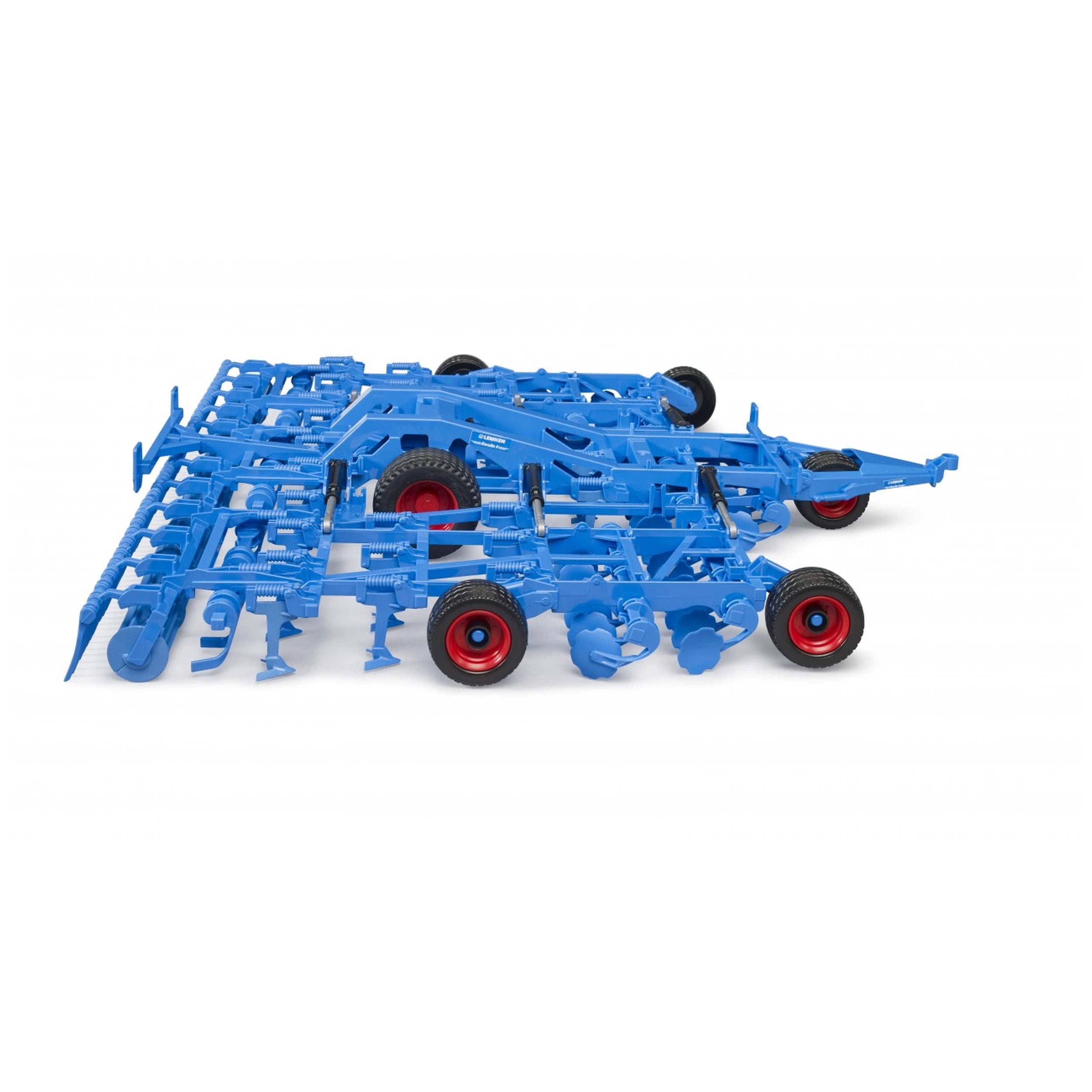 Blue Bruder Lemken Cultivator Koralin 9 model with red wheels, showcasing realistic farming equipment details.