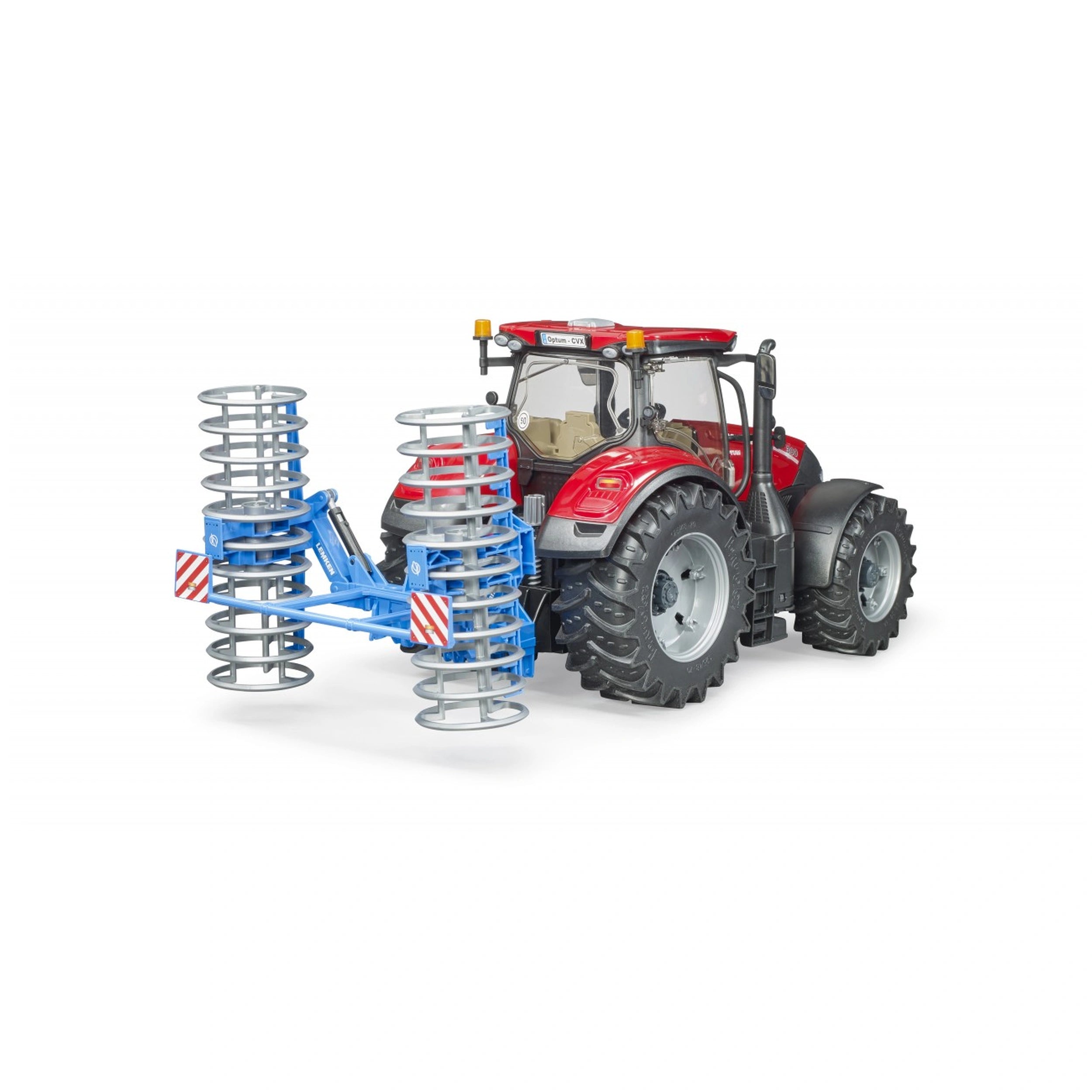 Red toy tractor with attached blue Lemken VarioPack K rollers, featuring realistic, durable design for creative play.