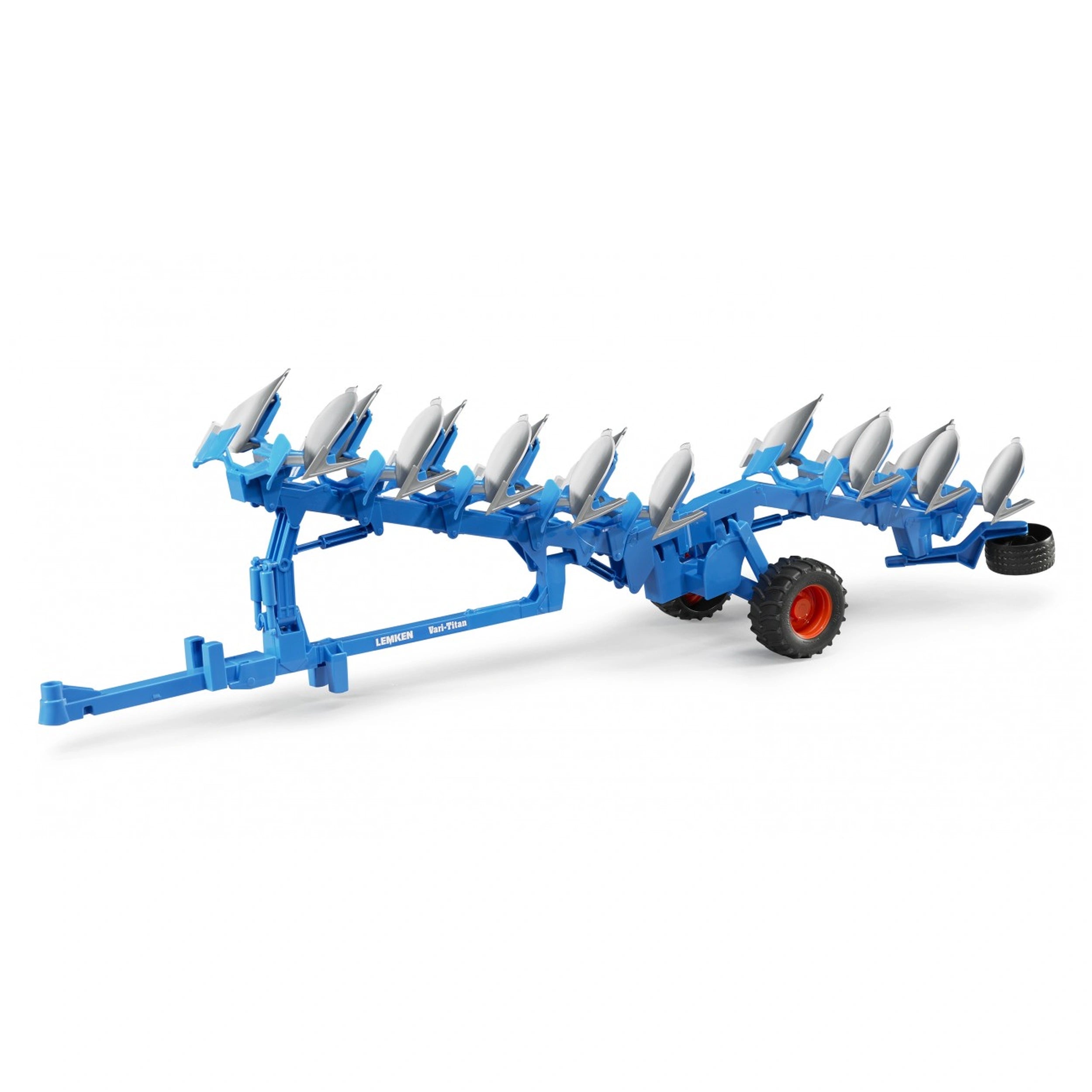 Blue Bruder LEMKEN Vari Titan plough toy with silver blades and red wheels, designed for authentic farming simulation.