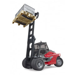 Red Bruder Linde HT160D toy stacker lifting a pallet cage high, showing detailed construction and glazed cab.