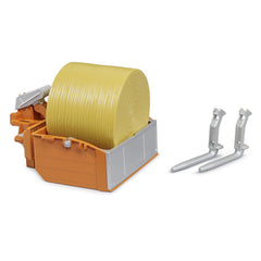 Orange loading box with yellow hay bale and attachable silver forks for Bruder toy tractors.
