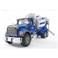 Bruder Mack Granite Cement Mixer, blue with chrome accents, detailed cab, and rotating drum.