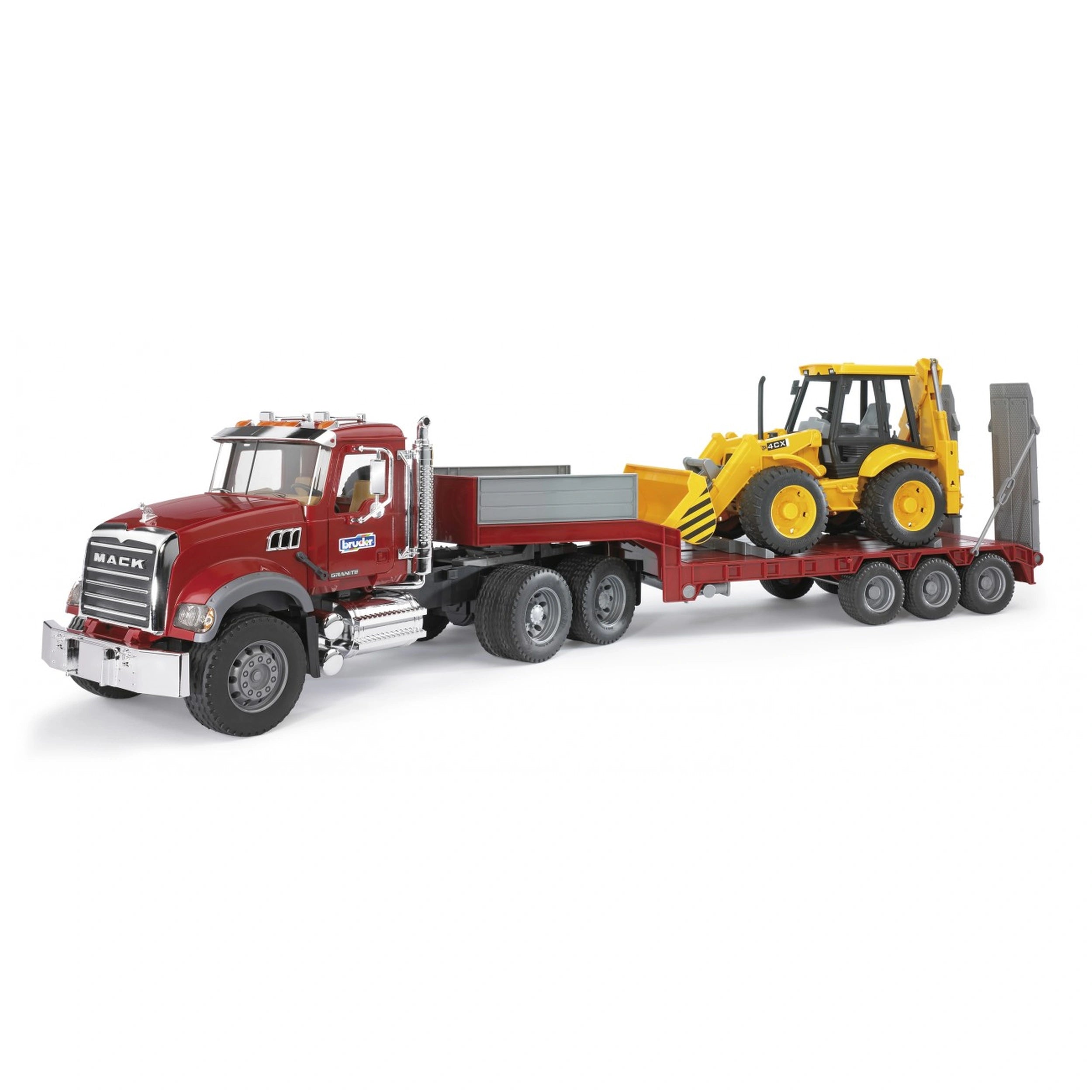Red Mack Granite truck with low loader, carrying a yellow JCB 4CX backhoe loader, showcasing realistic construction toy details.