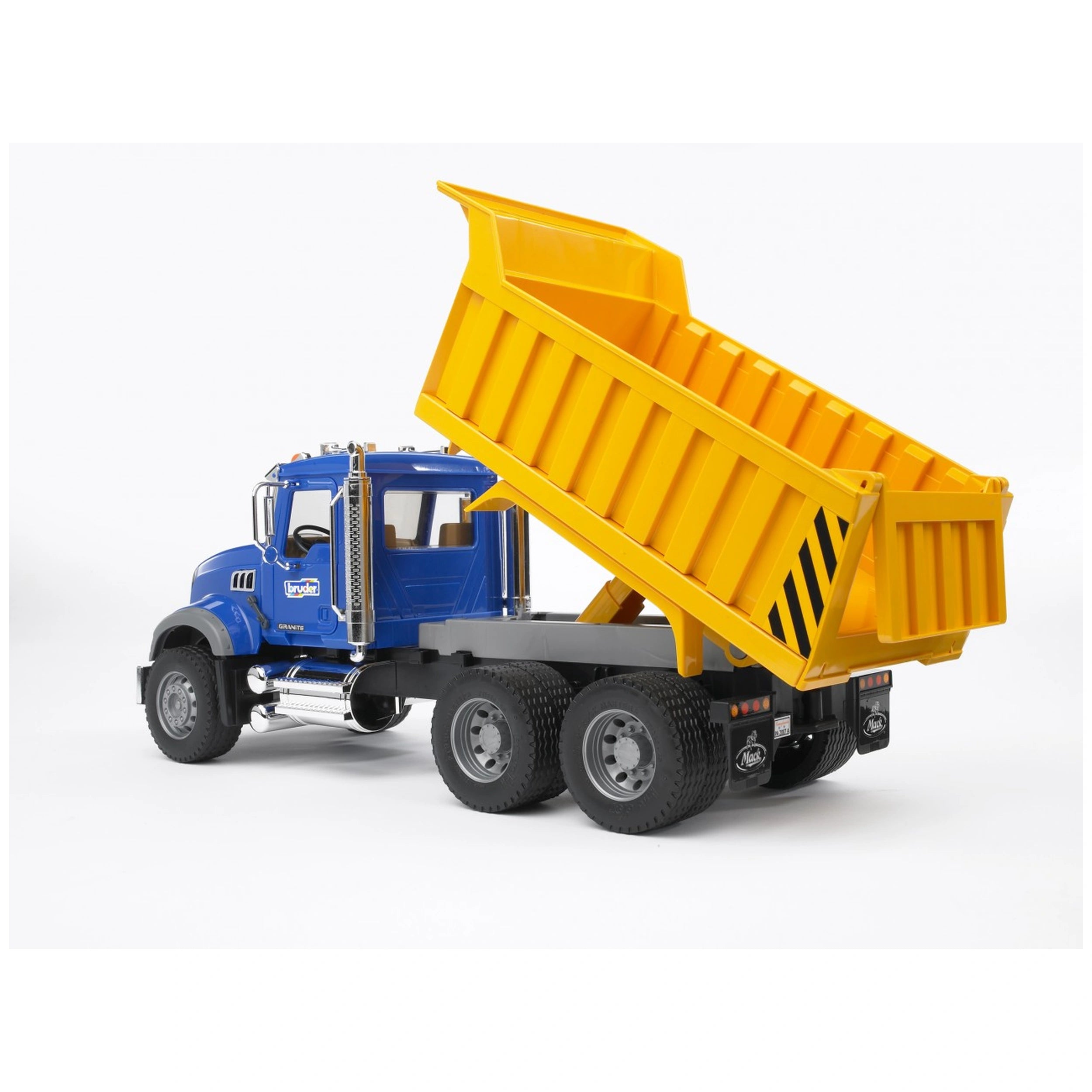 Blue and yellow toy dump truck with a tilting bed and six wheels, showcasing realistic construction and detail.
