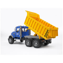 Blue and yellow toy dump truck with a tilting bed and six wheels, showcasing realistic construction and detail.