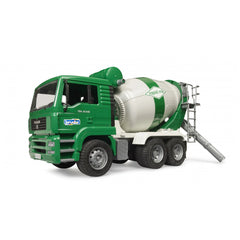 Green Bruder MAN TGA cement mixer toy truck with rotating drum and detailed cab on a white background.