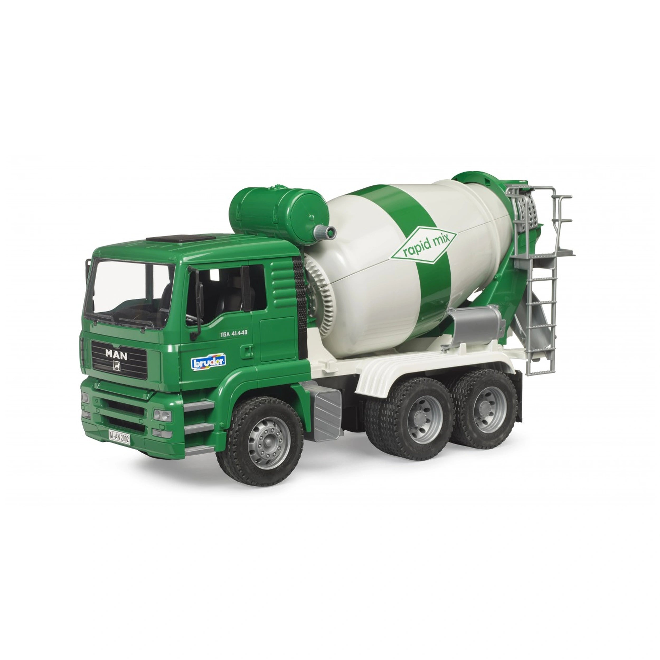 Green Bruder MAN TGA Cement Mixer Truck with rotating drum and detailed driver's cab, on a white background.
