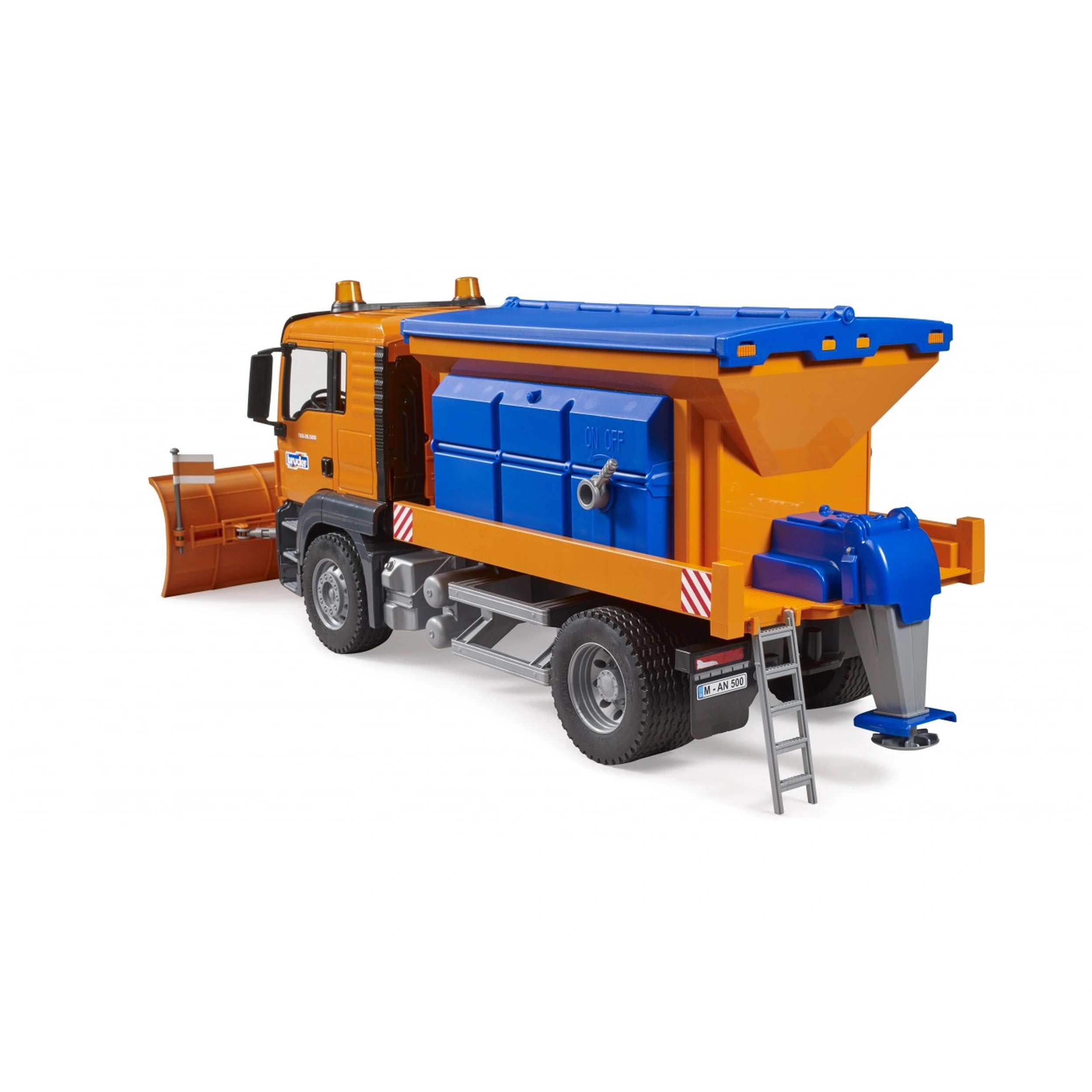 Orange and blue Bruder toy snowplough truck with detachable plough blade and detailed features.