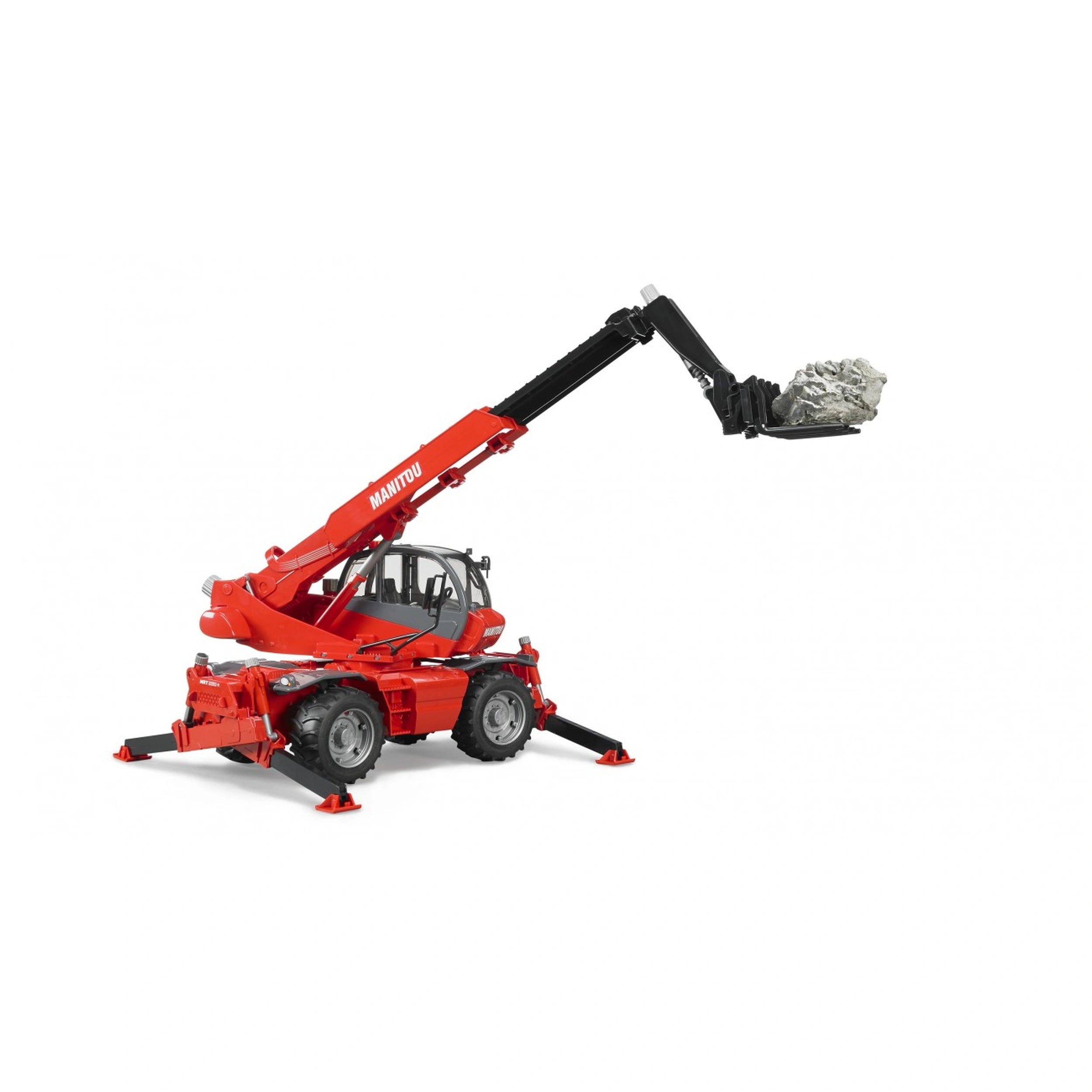 Red Bruder Manitou MRT 2150 toy telehandler with extended arm holding rocks, showcasing realistic construction play features.