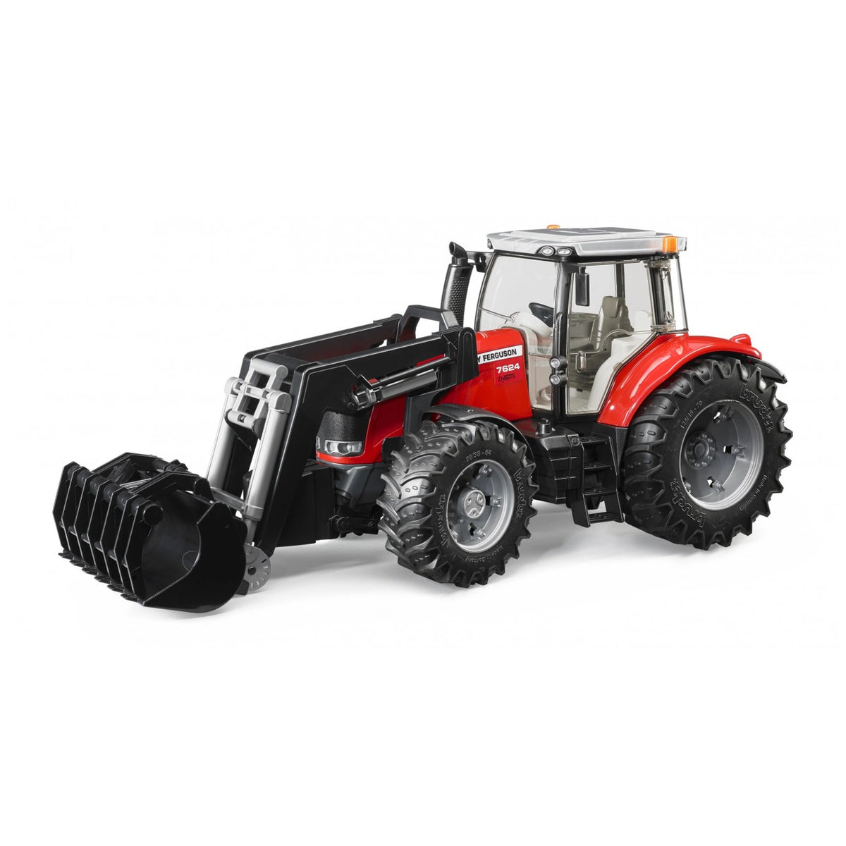 Red toy tractor with front loader, realistic tread tires, and detailed cabin, resembling a Massey Ferguson 7624.