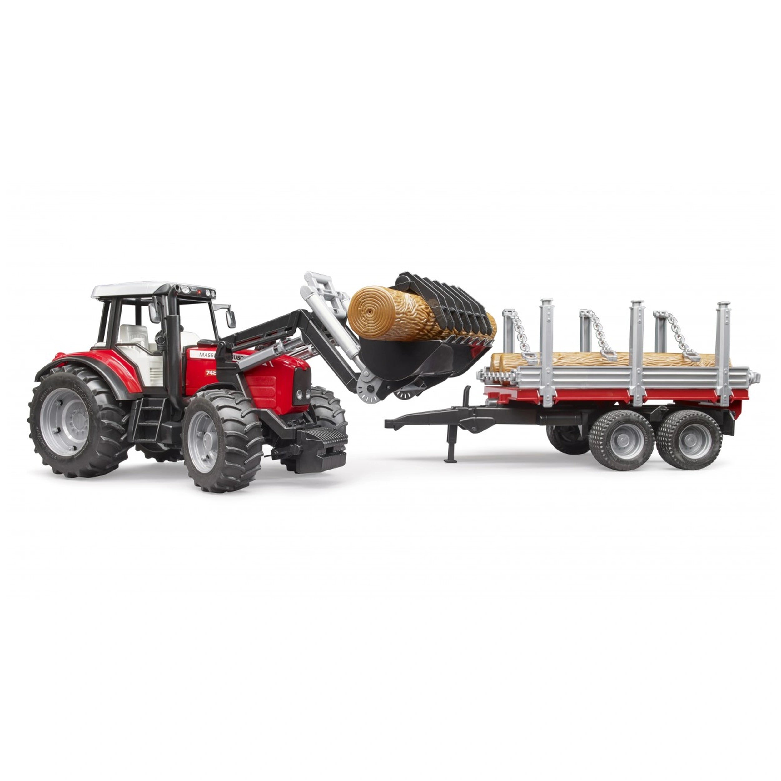Red Massey Ferguson tractor with front loader lifting logs onto timber trailer.