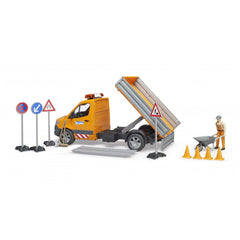 Orange Bruder MB Sprinter municipal vehicle with tilting platform, cones, road signs, and worker figure with wheelbarrow.