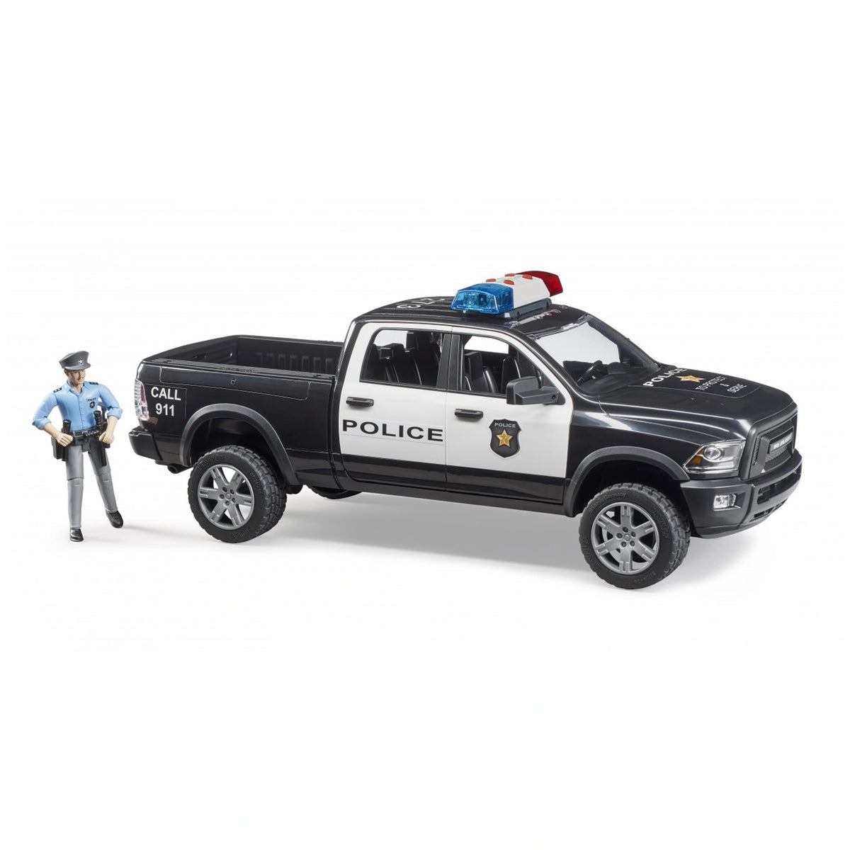 Black and white police pick-up truck with police officer figurine, featuring realistic light and sound bar.