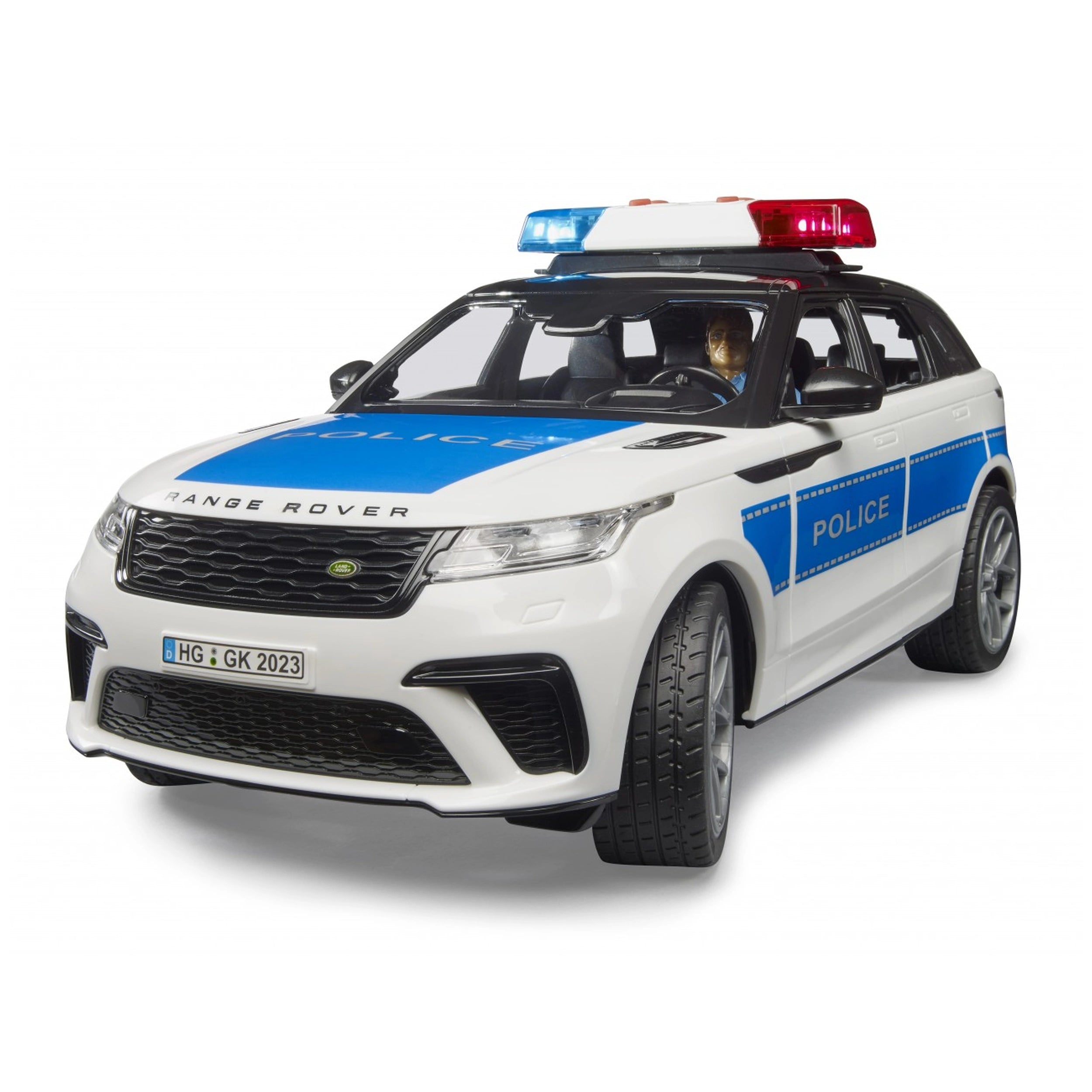 White Range Rover Velar police toy car with blue detailing and rooftop lights, featuring a police officer inside.