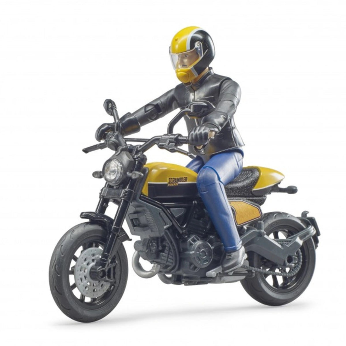 Toy figure on yellow Scrambler Ducati motorcycle with detailed rider, black helmet, and leather gear, on white background.