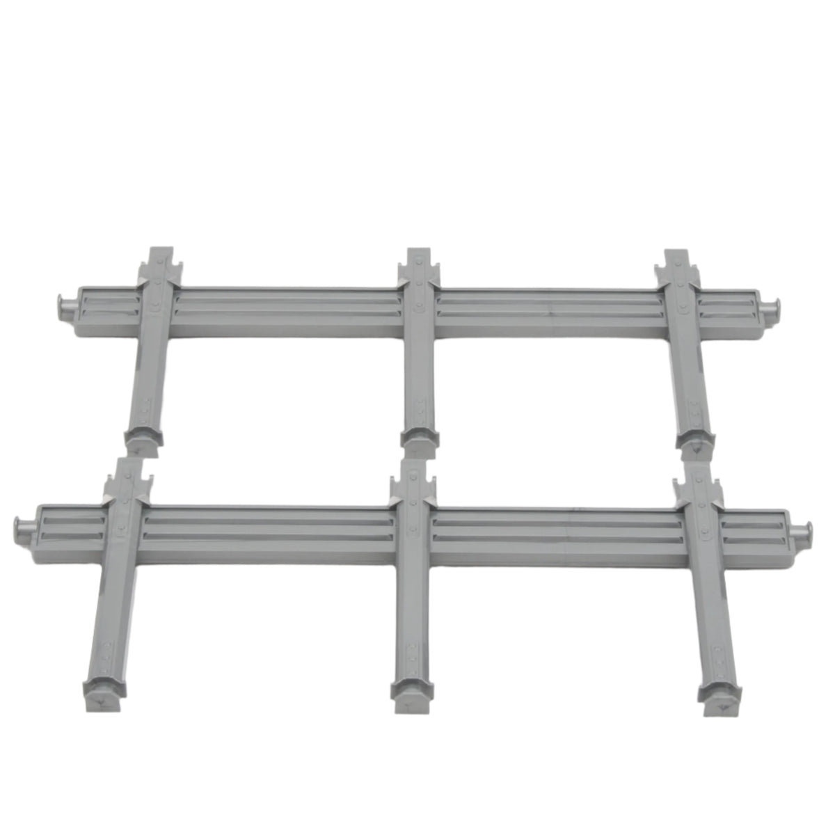 Gray plastic stanchions set for Bruder timber trailer, arranged in two rows on a white background.