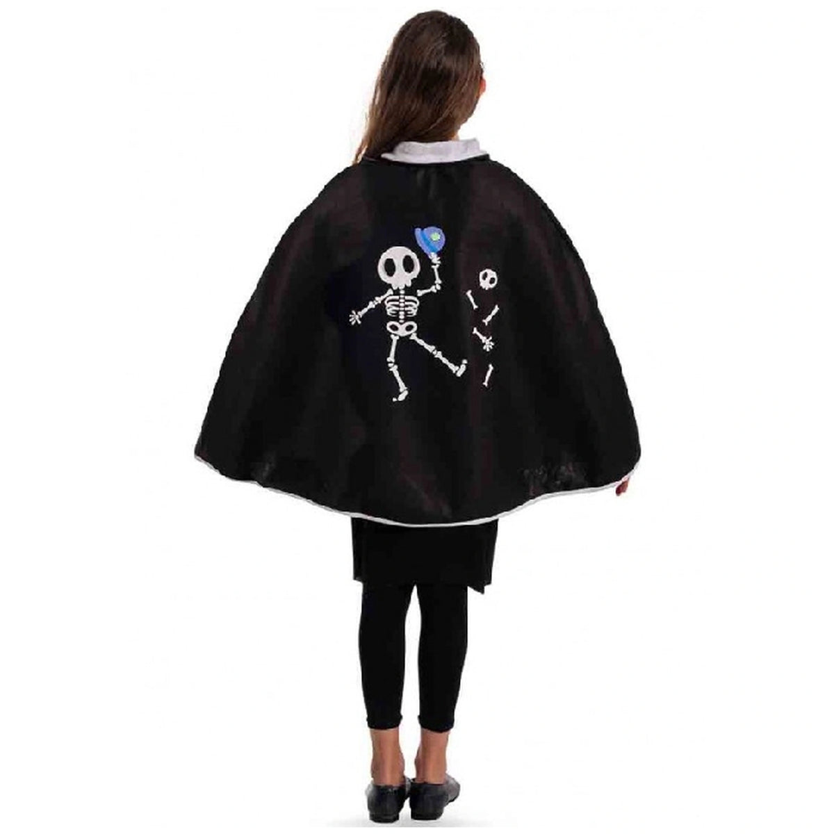 Carnival Toys - Zwarte Vilt Cape Met Witte Kraag En Schedelprint Voor Kinderen 65 Cm - Doen alsof Beroepen En Rollenspel