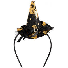 Carnival Toys - Zwarte Heks Mini Hoed Met Gouden Versieringen Voor Verkleedplezier - Doen alsof Beroepen En Rollenspel