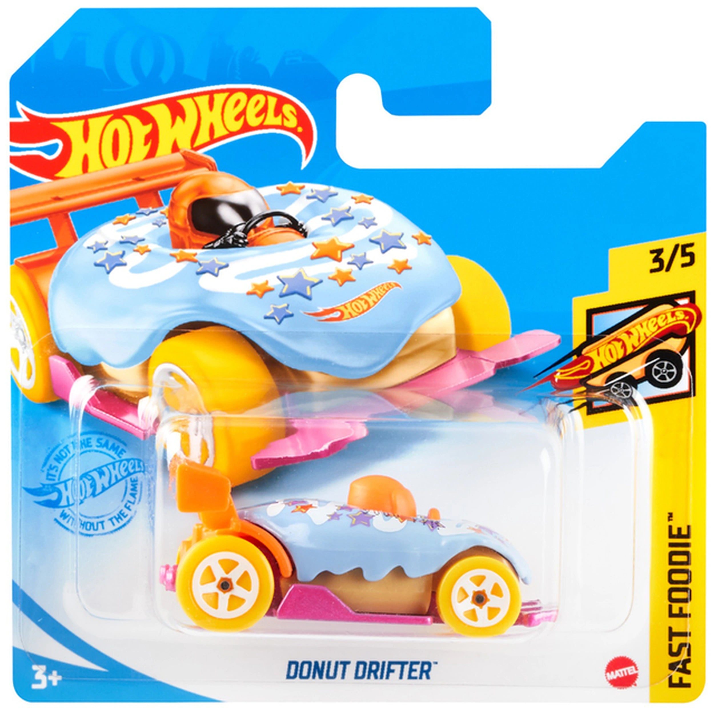 Hot Wheels die-cast vehicle with blue body, yellow wheels, and orange roof in transparent packaging with blue background.
